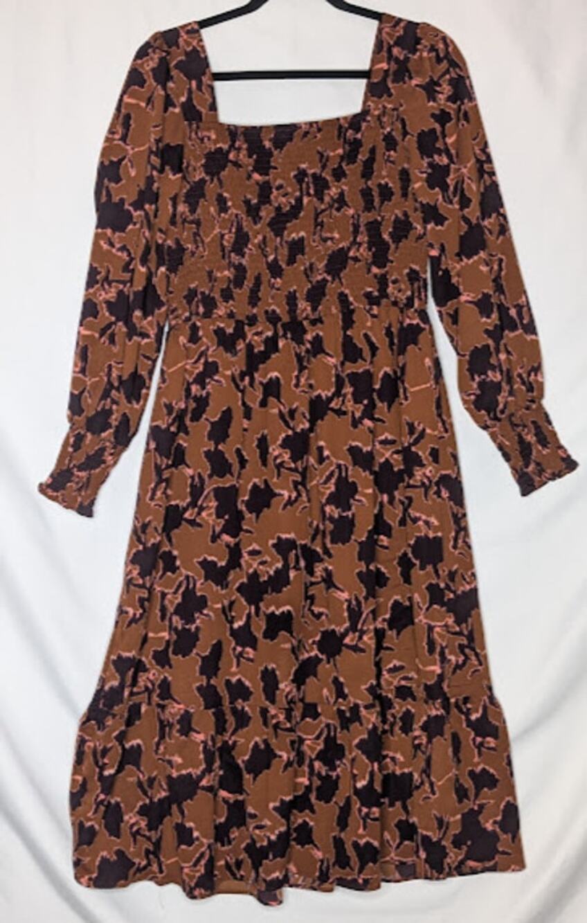 NINE WEST Womens square neck smocked brown purple pink Dress sleeve size L BOHO